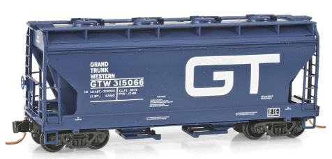 39' 2-Bay ACF Center Flow Covered Hopper w/Round Hatches - Ready to Run -- Grand Trunk Western #315066 (blue, white; large GT logo)