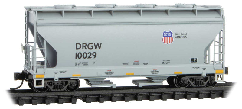 ACF 39' 2-Bay Center-Flow Covered Hopper - Round Hatches - Ready to Run -- Union Pacific DRGW #10029 (gray, yellow conspicuity stripe, Building Americ