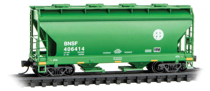ACF 39' 2-Bay Center-Flow Covered Hopper - Round Hatches - Ready to Run -- Burlington Northern Santa Fe #406414 (Cascade Green, Small Circle/Cross Logo