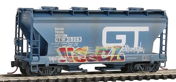 39' 2-Bay ACF Center Flow Covered Hopper - Ready to Run -- Grand Trunk Western #315063 (Weathered, blue, Graffiti)