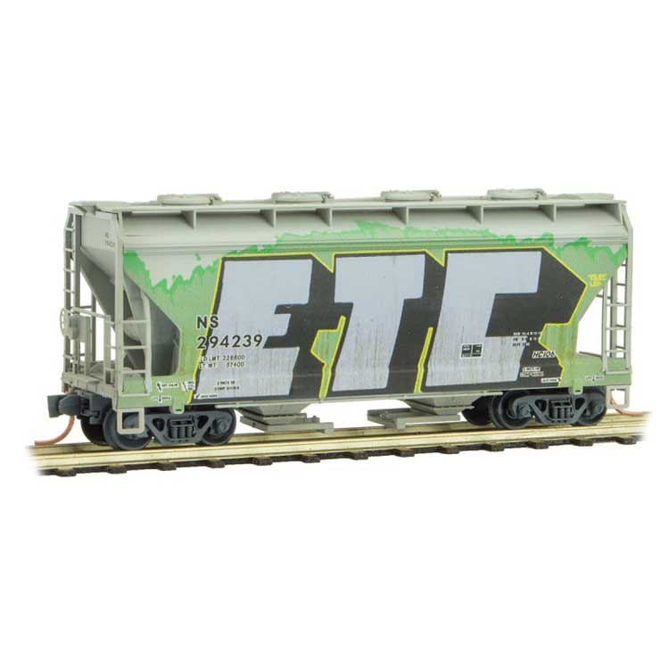ACF 39' 2-Bay Center-Flow Covered Hopper w/Round Hatches - Ready to Run -- Norfolk Southern #294239 (Weathered, gray, black, ETC Graffiti)