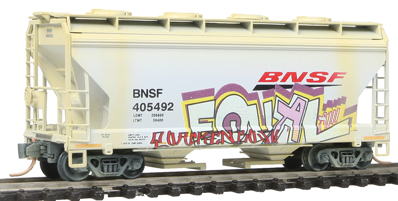 ACF 39' 2-Bay Center-Flow Covered Hopper w/Round Hatches - Ready to Run -- BNSF Railway #405492 (Weathered, gray, orange, Wedge Logo, Graffiti)