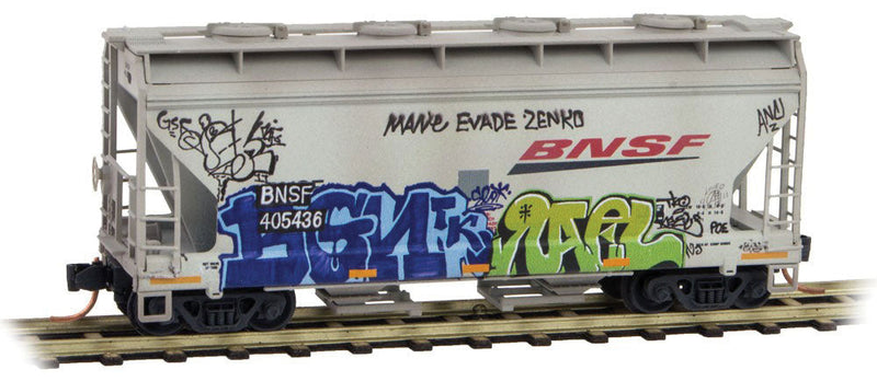 ACF 39' 2-Bay Center-Flow Covered Hopper w/Round Hatches - Ready to Run -- BNSF Railway #405436 (Weathered, gray, orange, Wedge Logo, Graffiti)