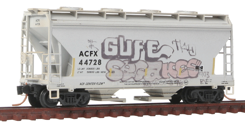 ACF 39' 2-Bay Center-Flow Covered Hopper w/Round Hatches - Ready to Run -- ACFX #44728 (Weathered, gray, Different Graffiti on Each Side)