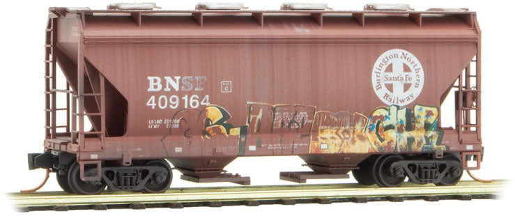ACF 39' 2-Bay Center-Flow Covered Hopper - Round Hatches - Ready to Run -- Burlington Northern Santa Fe 409164 (Weathered, Boxcar Red, Graffiti)-1