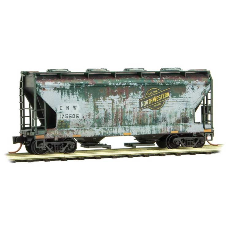 ACF 39' 2-Bay Center-Flow Covered Hopper - Round Hatches - Ready to Run -- Chicago & North Western 175505 (Weathered, green, black, Employee Owned Logo-1