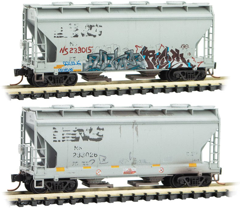 ACF 39' 2-Bay Center-Flow Covered Hopper - Round Hatches 2-Pack - Ready to Run -- Norfolk Southern 233015, 233026 (Weathered, gray, black, Graffiti)