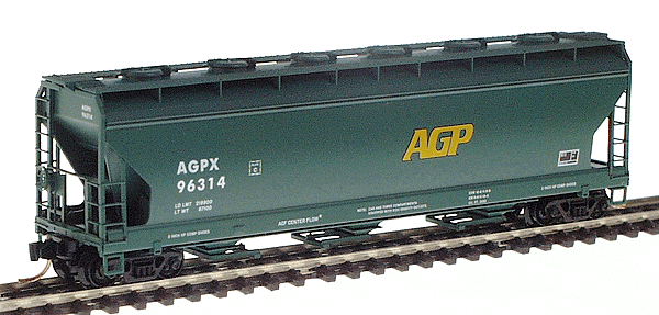 3-Bay ACF Centerflow Covered Hopper w/Round Hatches -- Ag Processing Inc #AGPX 96314 (green, white lettering, yellow logo)