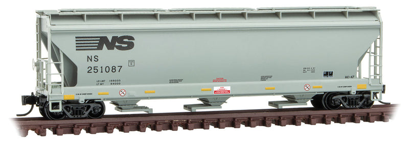 ACF 3-Bay Center Flow Covered Hopper with Elongated Hatches - Ready to Run -- Norfolk Southern 251087 (gray, black, yellow conspicuity markings)