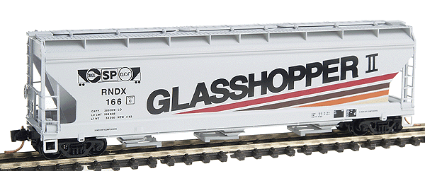 3-Bay ACF Center Flow Covered Hopper -- ACF Industries #166 (white, black lettering; "Glasshopper ll")