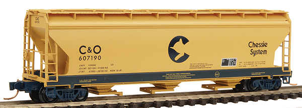 3-Bay ACF Covered Hopper w/Elongated Hatches -- Chesapeake & Ohio #607190 (C&O Federal Saftey Yellow w/C&O Blue Sill & Letters