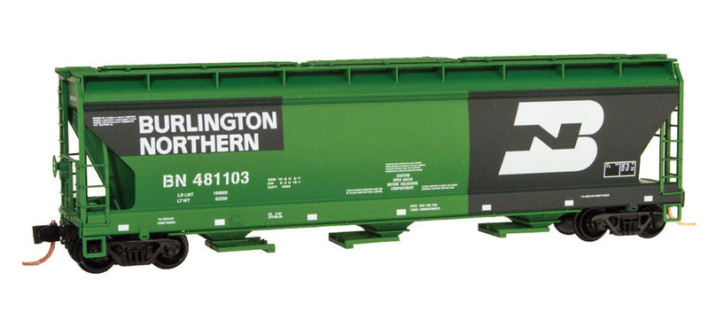 ACF 3-Bay Center Flow Covered Hopper w/Elongated Hatches - Ready to Run -- Burlington Northern #481103 (Cascade Green, dark Patches, Large Logo)