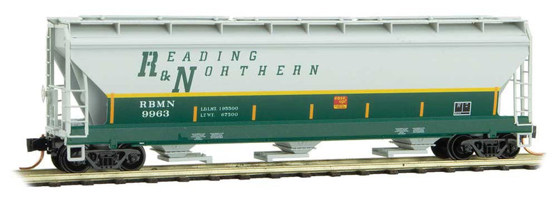 ACF 3-Bay Center Flow Covered Hopper with Elongated Hatches - Ready to Run -- Reading & Northern RBMN 9963 (gray, green, yellow stripes)
