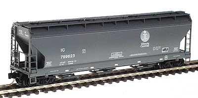 3-Bay ACF Center Flow Covered Hopper -- Illinois Central #799623 (dark gray w/white lettering, "Deathstar" herald)