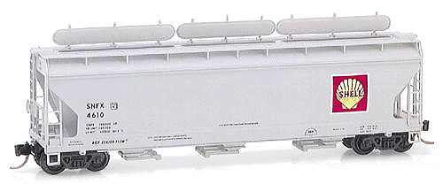 3-Bay ACF Center Flow Covered Hopper -- Shell SNFX #4610 (gray, black lettering, yellow, red & white logo)