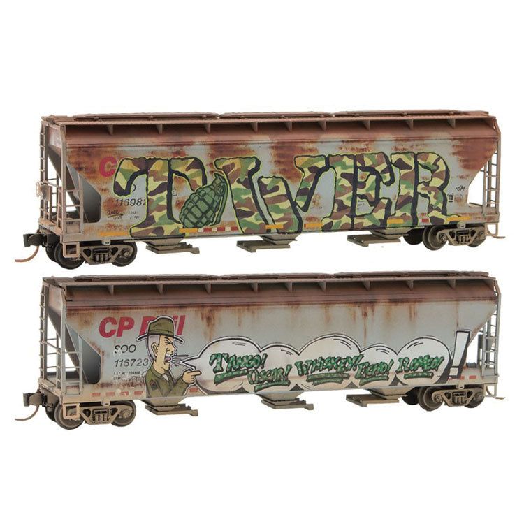 ACF 3-Bay Center Flow Covered Hopper 2-Pack - Ready to Run -- Canadian Pacific #116982, 116723 (Weathered, gray, red, Tower Graffiti)