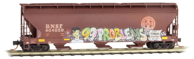 ACF 3-Bay Center Flow Covered Hopper w/Elongated Hatches - Ready to Run -- Burlington Northern Santa Fe #404059 (Weathered, Boxcar Red, Graffiti)
