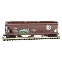 ACF 3-Bay Center Flow Covered Hopper with Elongated Hatches - Ready to Run -- BNSF Railway 402200 (Weathered, Boxcar Red, NSF Graffiti)