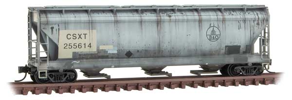 ACF 3-Bay Center Flow Covered Hopper with Elongated Hatches - Ready to Run -- CSX 255614 (Weathered, gray, tan, B&O Logo)