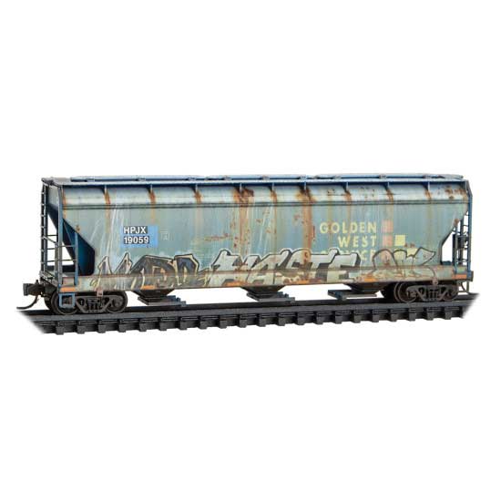 ACF 3-Bay Center Flow Covered Hopper with Elongated Hatches - Ready to Run -- Helm Leasing HPJX #19059 (Weathered, Ex-Golden West, blue, graffiti)