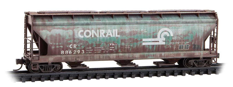 ACF 3-Bay Center Flow Covered Hopper with Elongated Hatches - Ready to Run -- Conrail #886293 (Weathered, Boxcar Red, Jade Green CR Series #1)-1