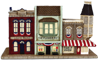 Micro-Seasons(R) Liberty Town USA Main Street #1 Soda Shop, Flower Shop, Boo -- 5-3/4 x 3-1/2 x 3-1/2"