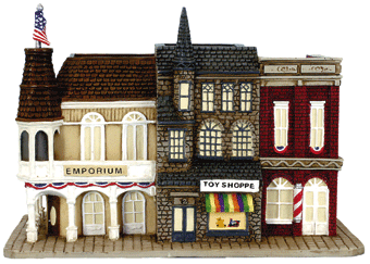 Micro-Seasons(R) Liberty Town USA Main Street #2, Emporium, Toy Shop, Barber -- 5-3/4 x 3-1/2 x 3-1/2"