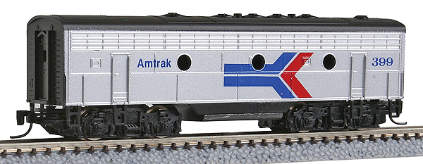 EMD F7B - Unpowered -- Amtrak #399 (Phase I, Platinum Mist, red, blue, black)