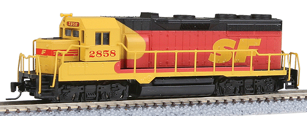 Diesel GP-35 Loco, Powered -- Santa Fe #2858 (red, yellow, black Roof, red Stripe, yellow Lettering)