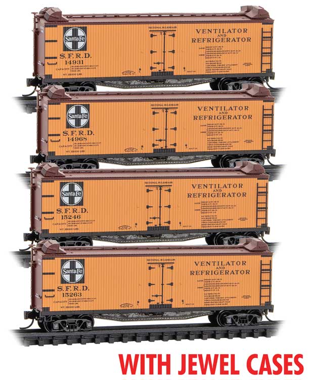 40' Double-Sheathed Wood Reefer 4-Pack - Ready to Run - Jewel Case -- Santa Fe #14931, 14968, 15246, 15263 (Early, orange, black)