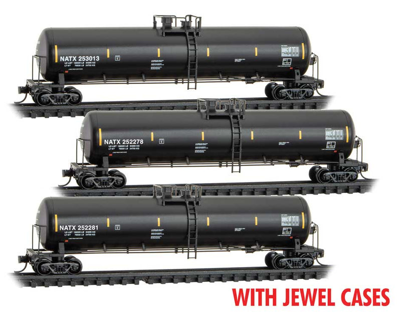 56' General-Service Tank Car 3-Pack - Ready to Run - Jewel Case -- North American NATX #252281, 252278, 251377 (black, yellow, conspicuity mark