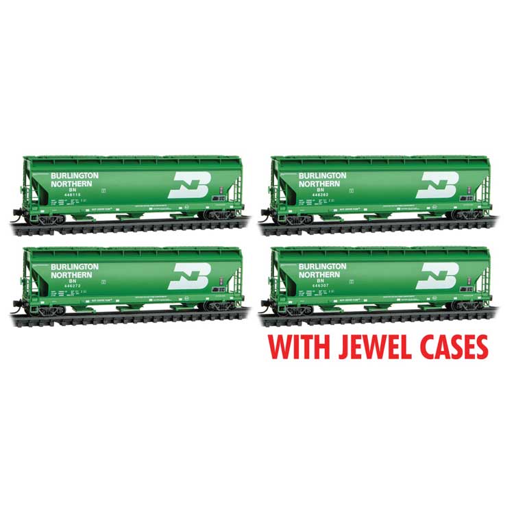 ACF 3-Bay Center Flow Hopper 3-Pack - Ready to Run - Jewel Case -- Burlington Northern #446115, 446262, 446272, 446307 (green, white, Large Log