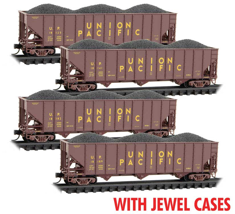 100-Ton 3-Bay Ribside Open Hopper w/Load 4-Pack - Ready to Run -- Union Pacific #18125, 18141, 18189, 18182 (1962 Class H-90-1, Boxcar Red yel