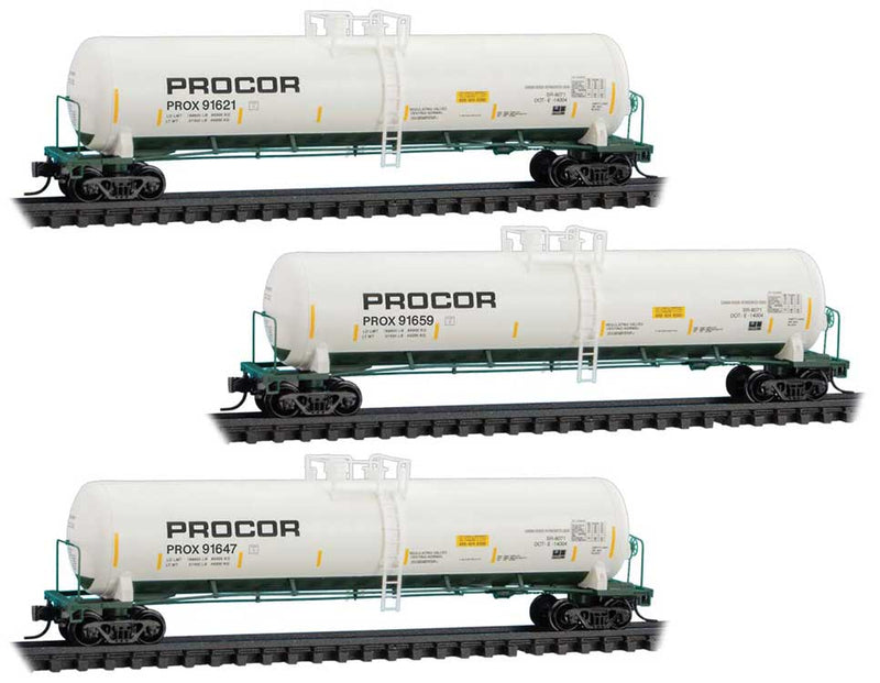 56' General-Service Tank Car 3-Pack - Ready to Run -- Procor PROX #91621, 91647, 91659 (white, green, yellow)