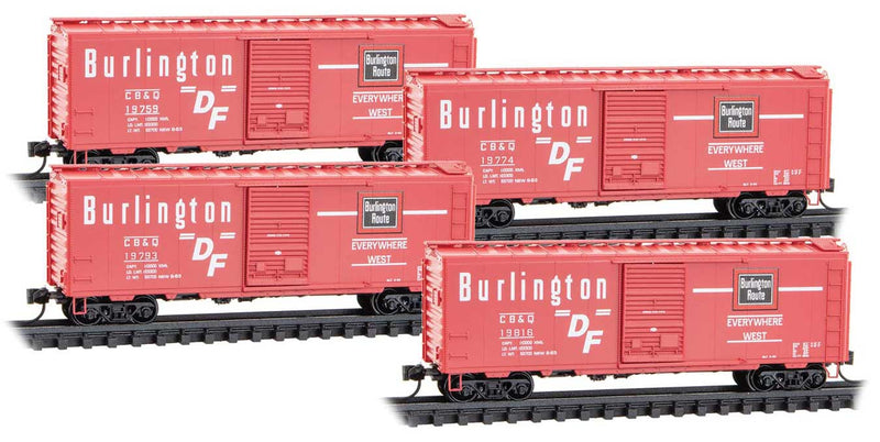 40' Single-Door Boxcar 4-Pack - Ready to Run -- Chicago, Burlington & Quincy #19759, 19774, 19793, 19816 (red, white, black)