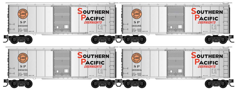 40' Single-Door Boxcar 4-Pack - Ready to Run -- Southern Pacific #163100, 163185, 163231, 163304 (Overnight, silver, black,