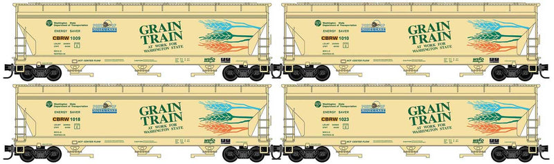 ACF 3-Bay Center Flow Covered Hopper, Elongated Hatches 4-Pack - Ready to Ru -- Columbia Basin Railroad CBRW #1009, 1010, 1018, 1023 (yellow, Grain Train Lo