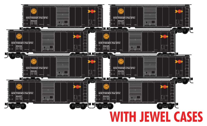 40' Single-Door Boxcar 8-Pack - Ready to Run - Jewel Case -- Southern Pacific (Overnights, black, red, yellow)