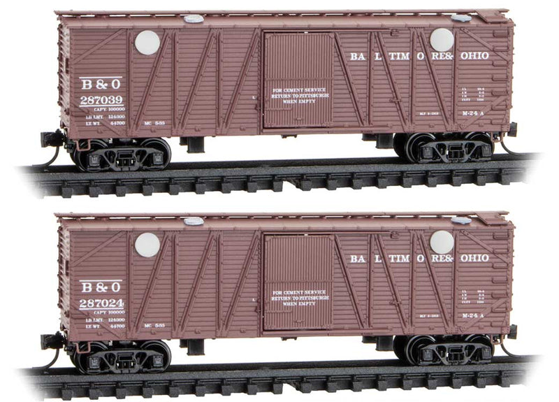40' Wood Boxcar Cement Hopper 2-Pack in Jewel Cases - Ready to Run -- Baltimore & Ohio #287024, 287039 (Boxcar Red, with Unassembled Loading Hatch
