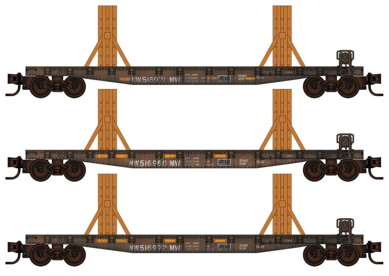 50' Fishbelly-Side Flatcar Flatcar w/Ribbon Rail Rack Kit 3-Pack - Ready to Ru -- Norfolk Southern Set #2 #516966, 516971, 516972 (black) Jewel Case