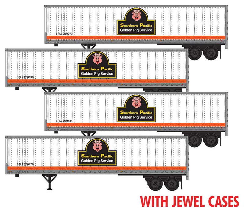 45' Van Trailer 4-Pack - Assembled, Jewel Case -- Southern Pacific #250072, 250098, 250134, 250176 (white, orange, Golden Pig)