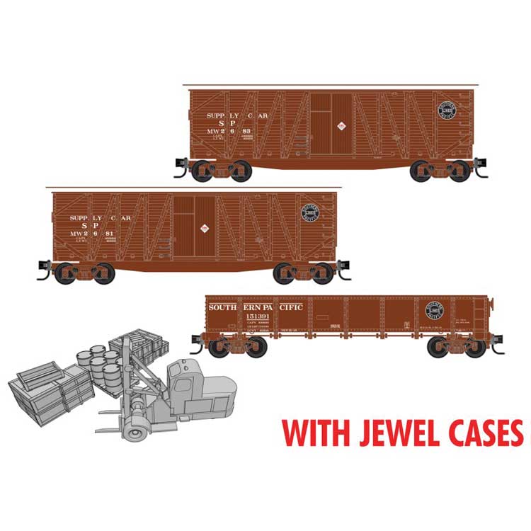 2 40' Wood Boxcars, 40' GS Gondola, Forklift & Cargo Kit Set - RTR - Jewel C -- Southern Pacific #MW 2681, 2683, 151391 (MOW Scheme, Unpainted Accessories)