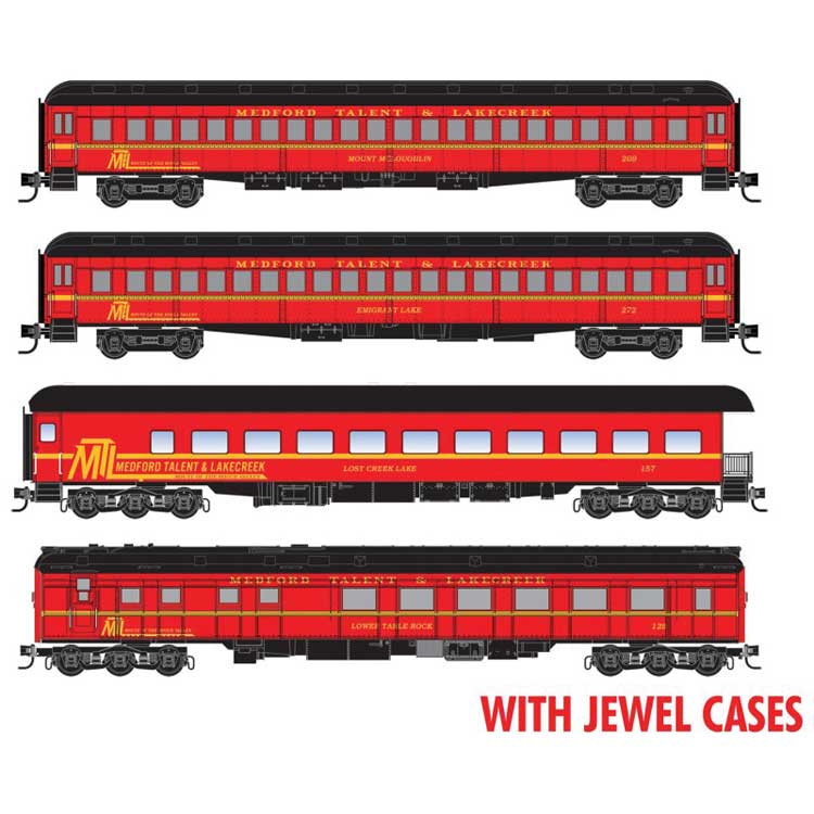 Heavyweight Dinner Train Set w/2 Coaches, Diner, Observation - RTR Jewel Cas -- Medford, Talent & Lakecreek (1970s - 1980s Scheme, red, yellow, black)