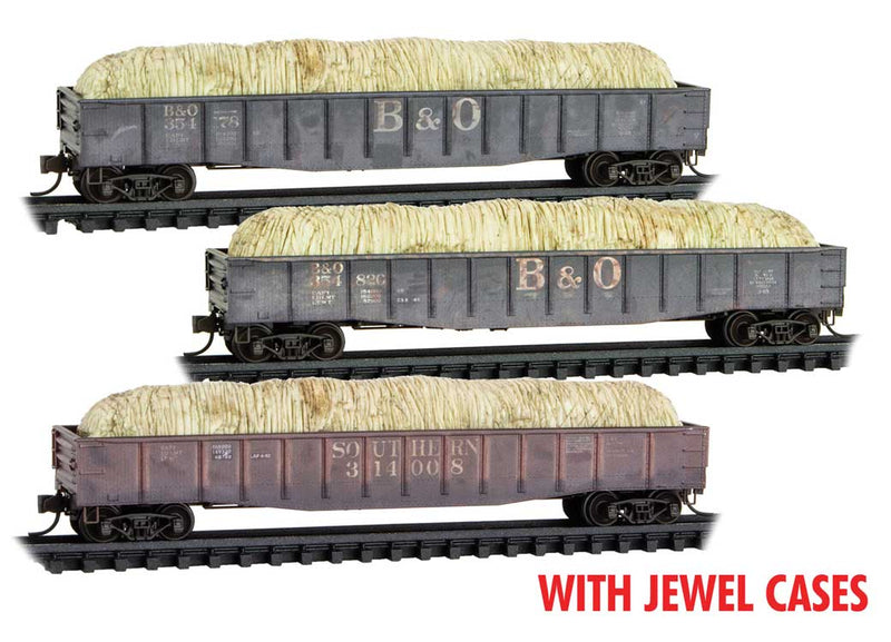 50' Steel Side 14-Panel Gondola w/Hay Load 3-Pack - Ready to Run - Jewel -- Baltimore & Ohio #354820, 354178 (black) Southern Railway #314008 (brown)