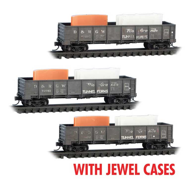 40' Drop-Bottom Gondola w/Tunnel Forms Load 3-Pack - Ready to Run - Jewel -- Denver & Rio Grande Western #72692, 72628, 72681 (Weathered, black)