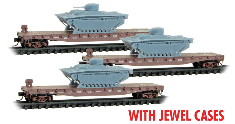 50' Fishbelly-Side Flatcar w/LVT(A)1 Tank Load 3-Pack - Ready to Run Jewel -- Southern Pacific #79700, 79753, 79795 (Boxcar Red)