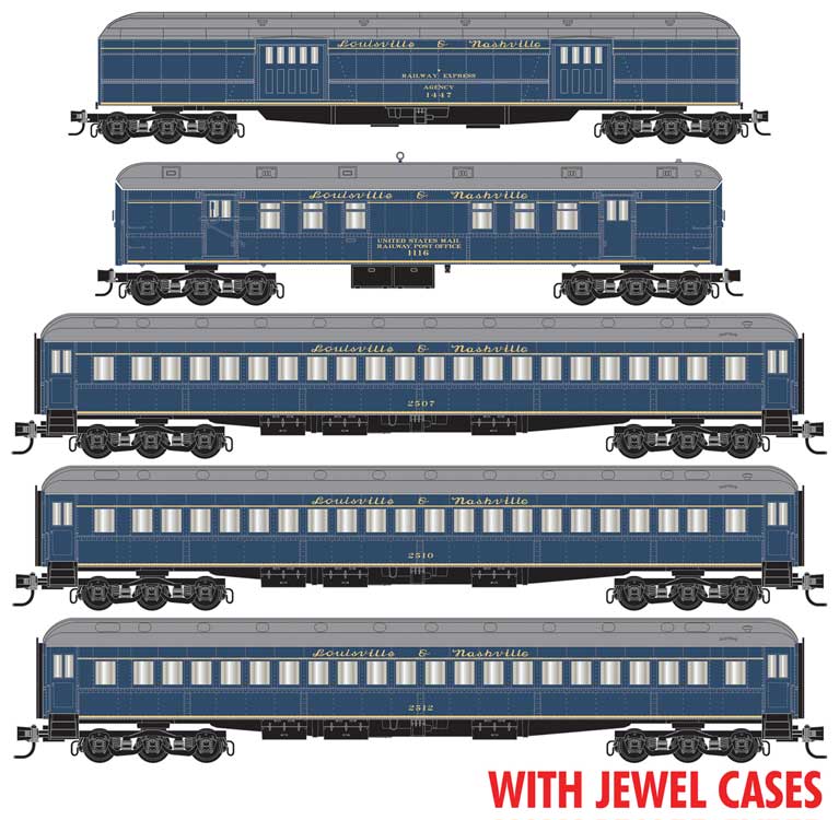 Heavyweight RPO, Baggage & 3 Coach Set - Ready to Run - Foam Nest -- Louisville & Nashville #1447, 1116, 2507, 2510, 2512 (blue, yellow)