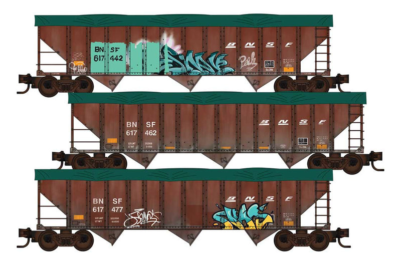 100-Ton 3-Bay Ribside Open Hopper w/Tarp 3-Pack - Ready to Run -- BNSF Railway #617442, 617462, 617477 (Weathered, Boxcar Red, Graffiti)