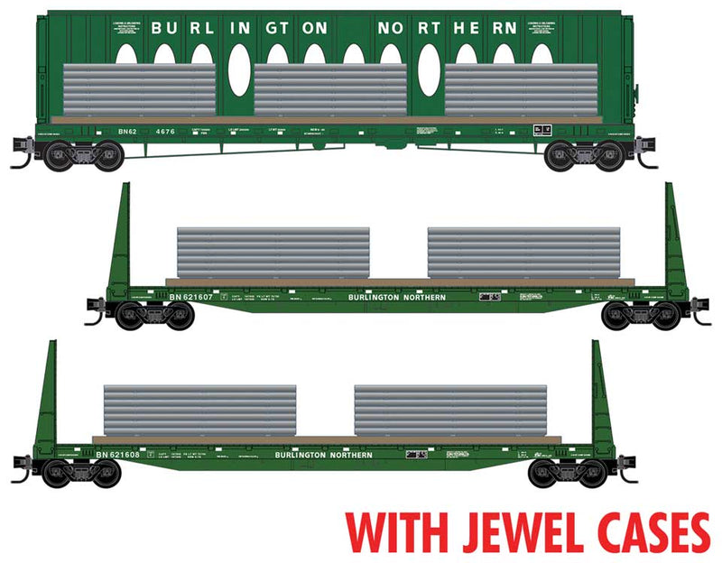 60' Centerbeam & 2 61'8" Bulkhead Flatcars w/Ingot Load -- Burlington Northern #624676, 621607, 621608 (Cascade Green, Undec Load Kit)