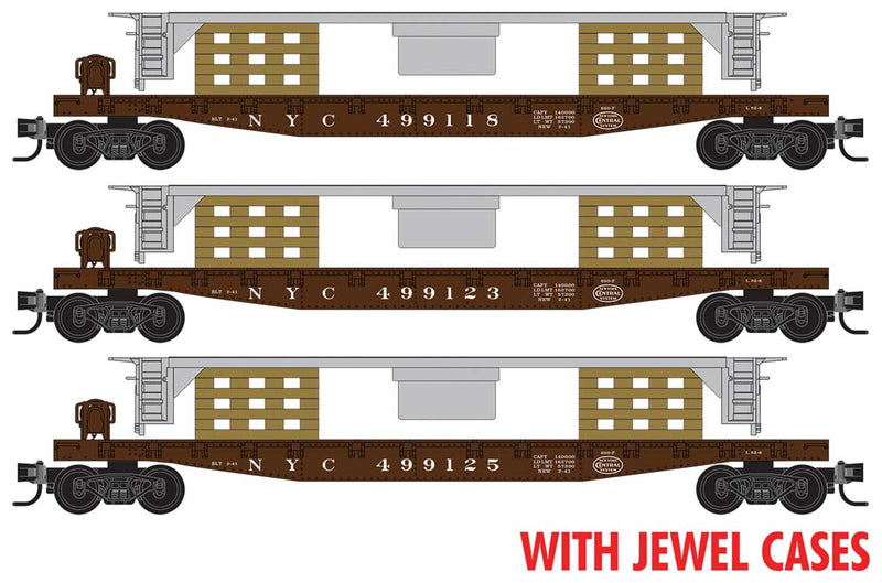 50' Fishbelly-Side Flatcar w/SW9 Frame Load Kit 3-Pack - Ready to Run -- New York Central #499118, 499123, 499125 (Boxcar Red)